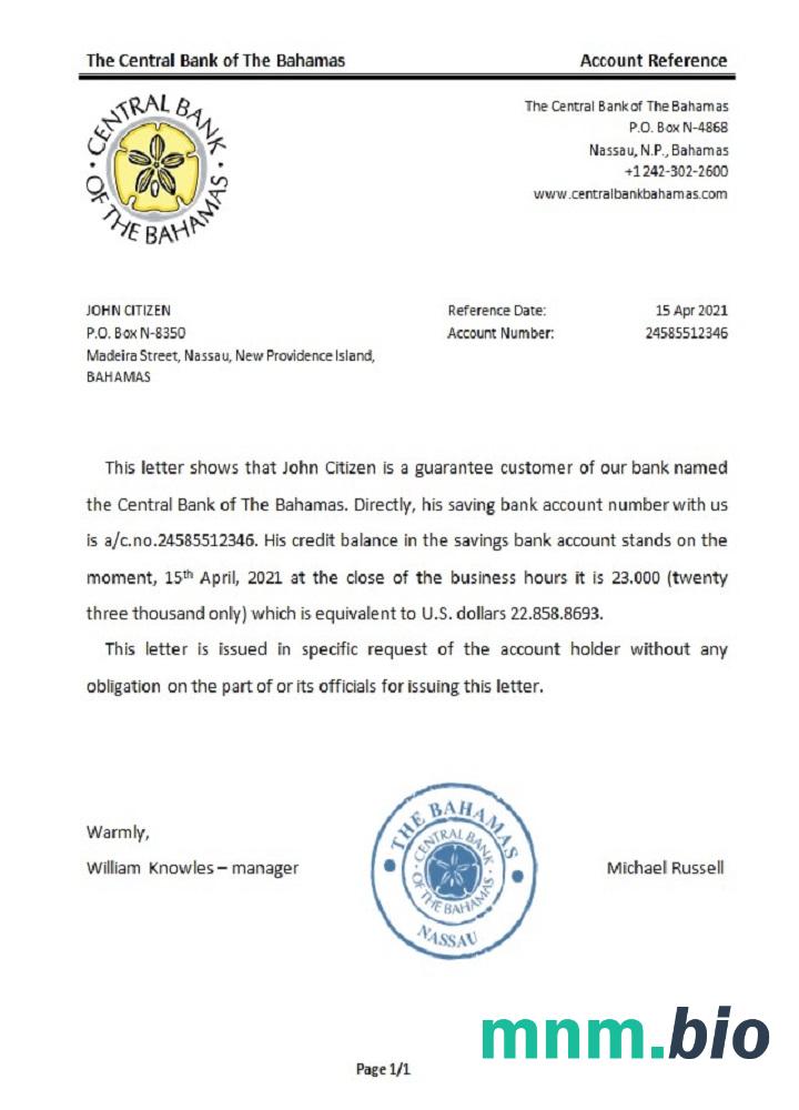 Bahamy przykład odniesienia banku centralnego Bahamów w formatach Word i PDF